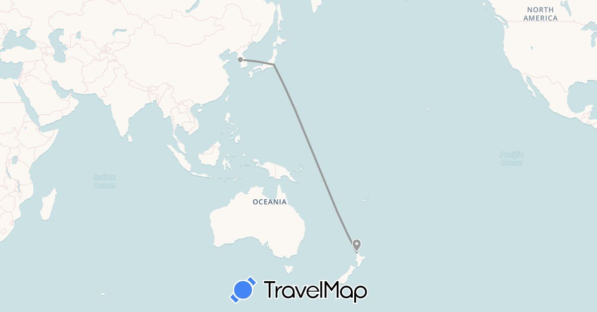 TravelMap itinerary: driving, plane in Japan, South Korea, New Zealand (Asia, Oceania)